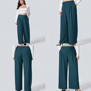 Halara Flex Pants Womens XL Green High Rise Pleated Waffle Knit Pockets Wide-Leg